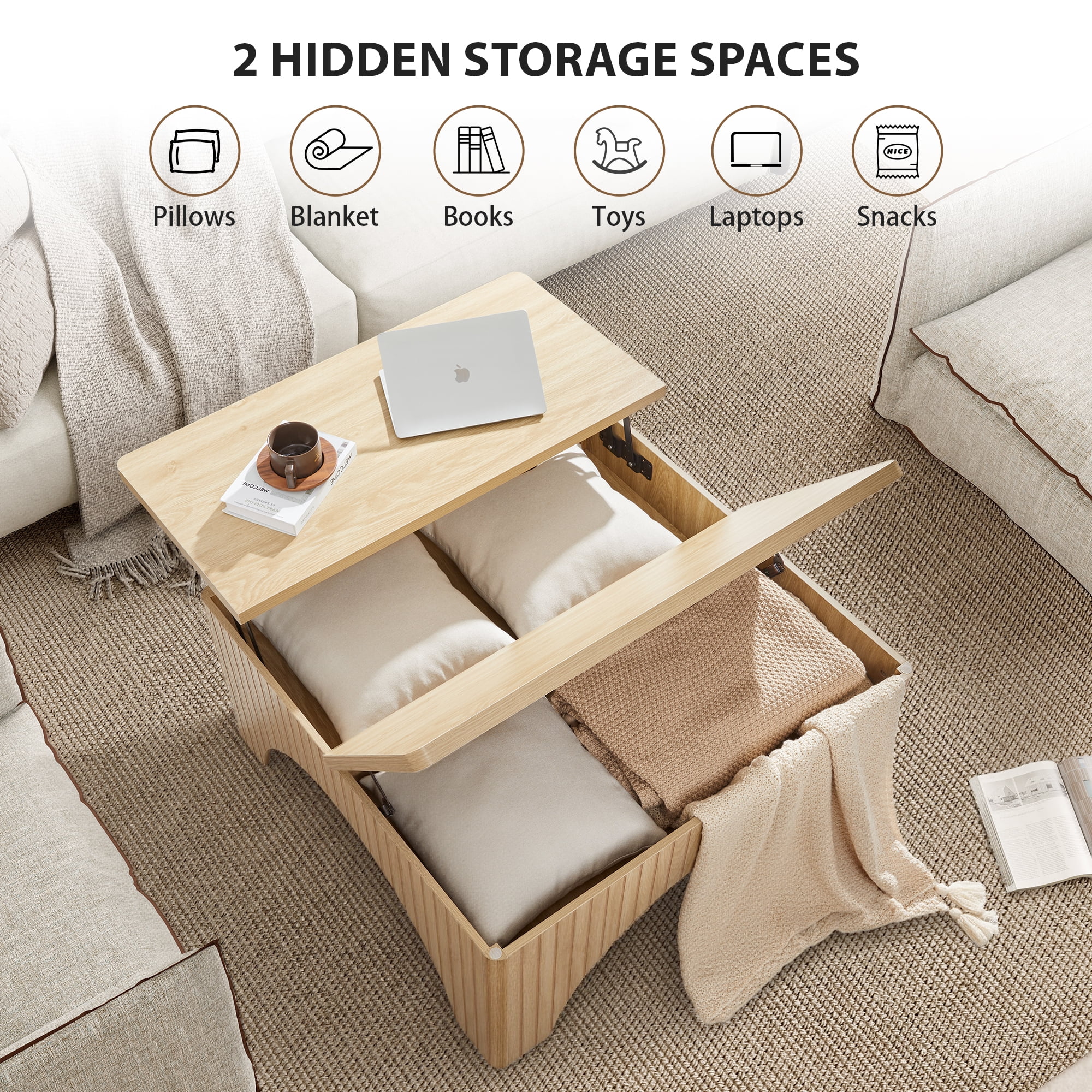 YOCWO 4 in 1 Carved Arched Square Coffee Table with Flip Top and Lift Top, Square Coffee Table with Hidden Compartments Storage for Living Room, Natural