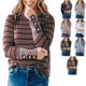 thumbnail image 2 of Blusa de mujer de manga larga con cuello redondo y gemelos, Top de retazos de rayas de leopardo para mujer, 2 of 6