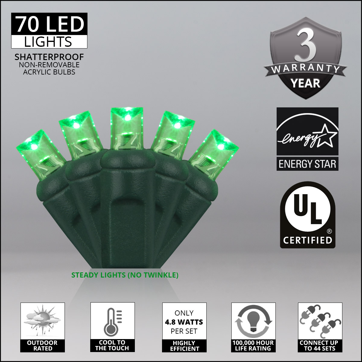 70 Green LED Christmas Lights, Long Life, Outdoor String Lights, Connectable, St. Patricks Day, Halloween, Christmas, Holidays, Party, Decoration, 24' Length, 4" Spacing - image 4 of 7