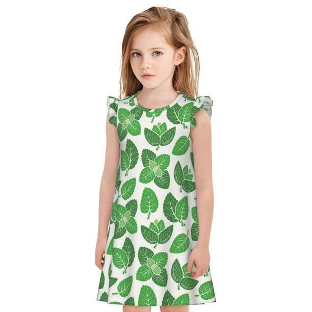 Fotbe Green Leaves Vestido de Dormir para Niñas de 3 a 10 Años, Mangas Cortas, Estilo Princesa, Pijama Camisón con Mangas Voladas-X-Large