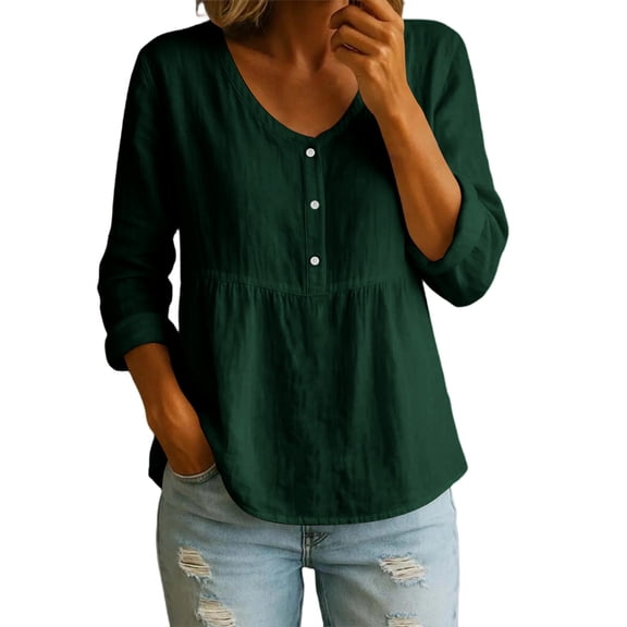 Ruimatai Womens Peplum Tunic Blouses V Neck Button Front Roll Up Long Sleeve Loose Casual Pullover Tops