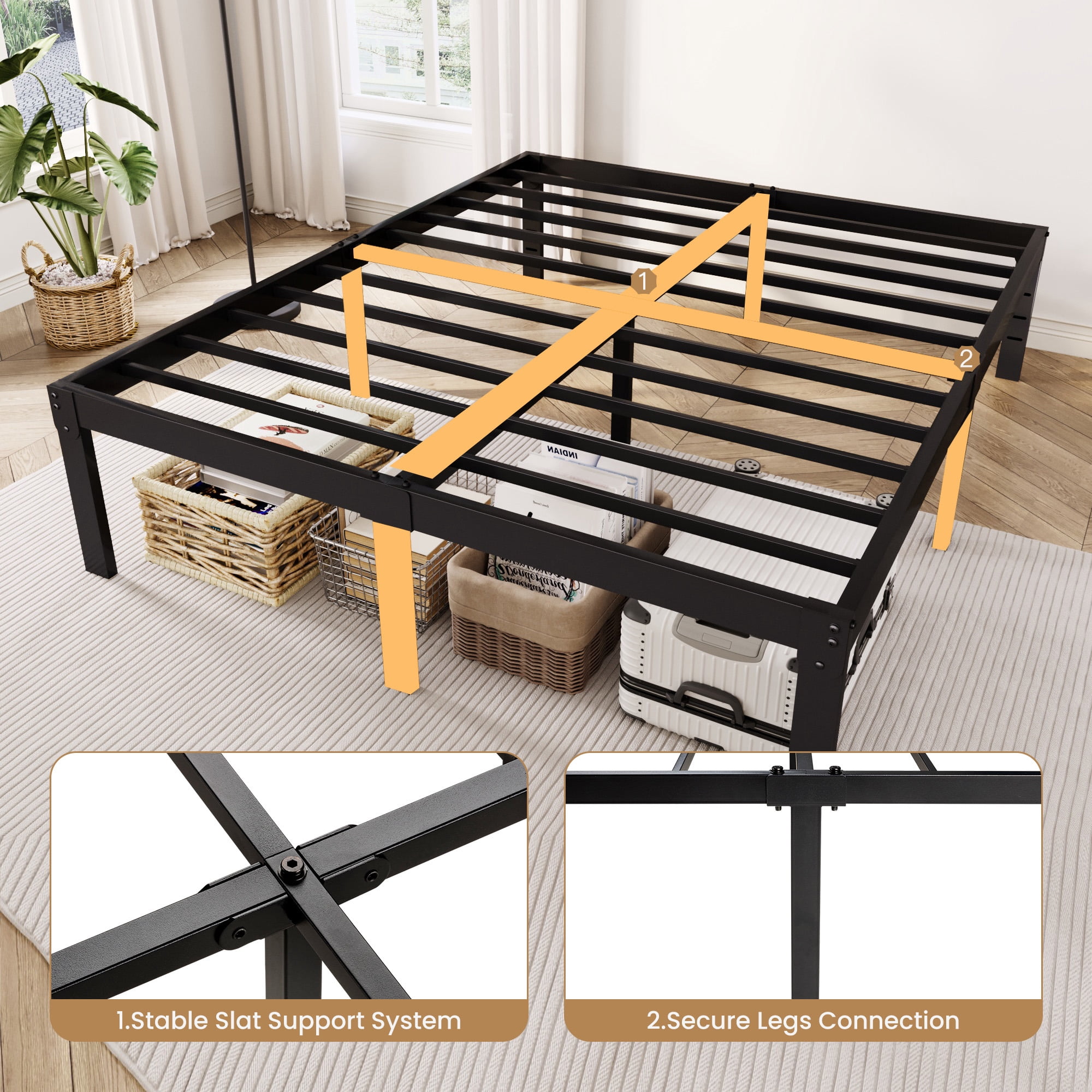 Merrland 12 Inch Queen Size Metal Platform Bed Frame, Heavy-Duty, Under-Bed Storage Space, Easy Assembly, Headboard Compatible, Black