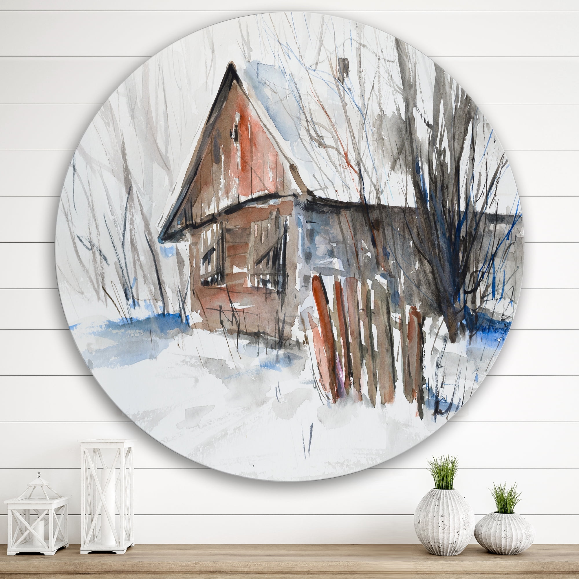 Designart 'Old Abandoned Wooden House In Winter Snow Picture' Traditional Circle Metal Wall Art 29x29 - Disc of 29