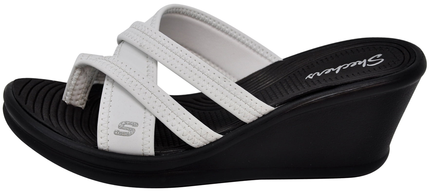 Skechers Cali Rumblers Strappy Wedge Sandals for Women Toe Loop Slip on Cross Strap Cushioned Footbed Lightweight Foam Midsole Flexible Outsole