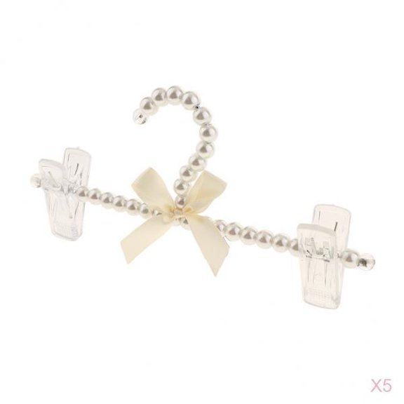 5pcs Clothes Hangers Coat Garment Rack Covered in Faux Pearl Beads with 2 Clips, White