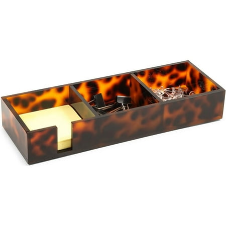 UPC: 0194425498990 | Tortoise Shell Sticky Note Holder for Desk with 3 Compartments (10.1 x 3.5 x 1.7 in)