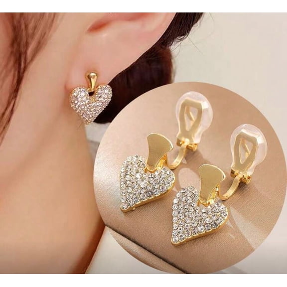 Clip on 1 3/4" gold top and clear stone dangle heart earrings