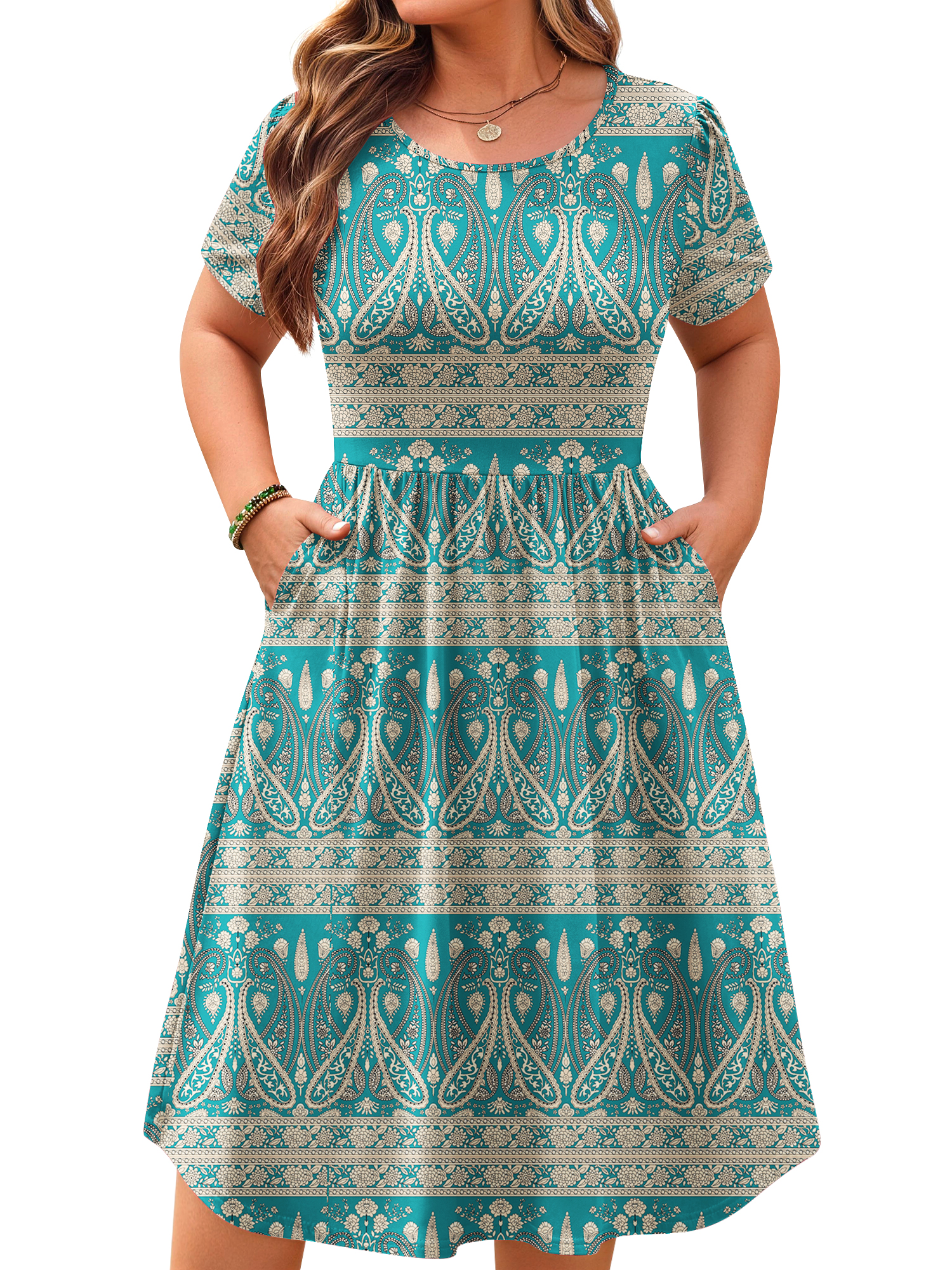 WellSize Summer Plus Size Dresses for Women Short Sleeve A-Line Midi Dresses Casual Floral Print Beach Dress with Pockets