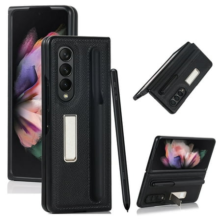 Leather Hybrid PC Cover For Samsung Galaxy Z Fold 3 Case with S-Pen Pocket Magnetic Kickstand Shockproof Case
