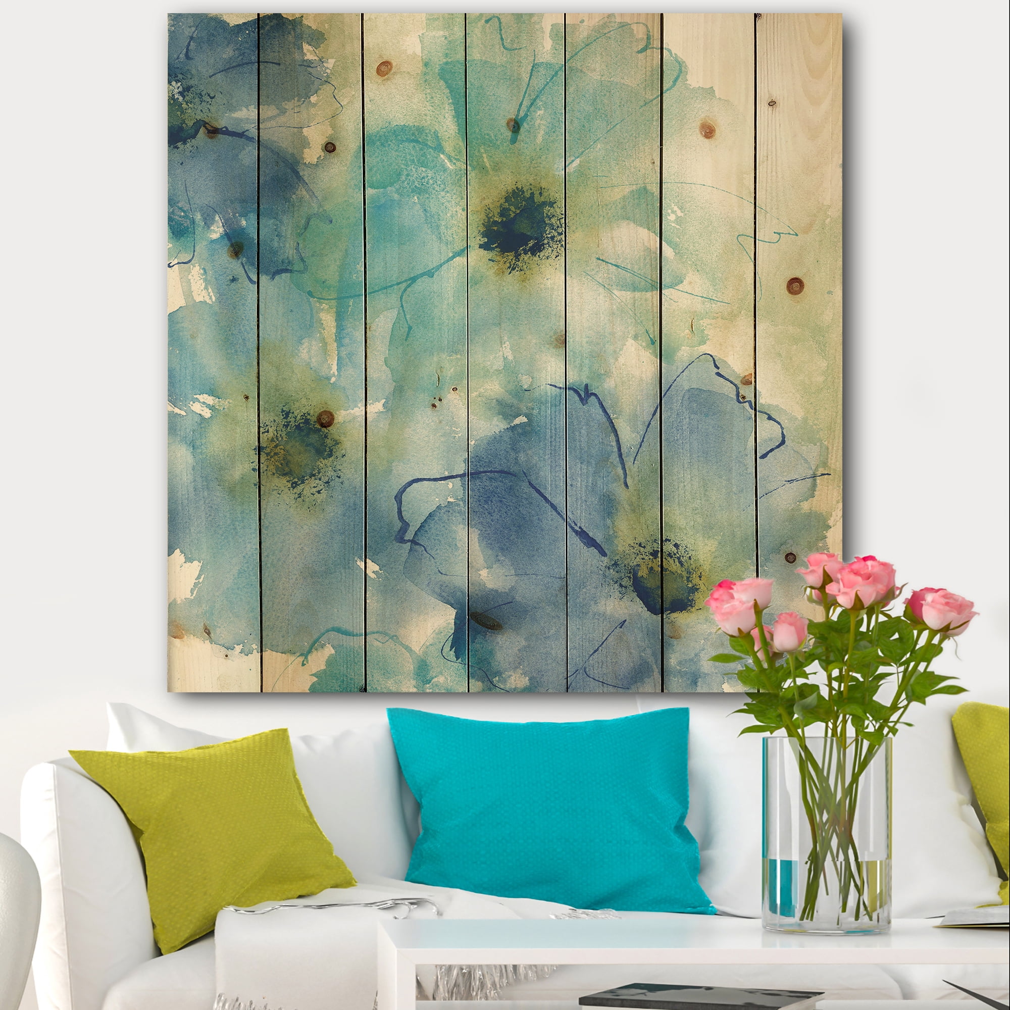 Designart 'Cosmos Abstract Flowers' Cabin & Lodge Print on Natural Pine Wood