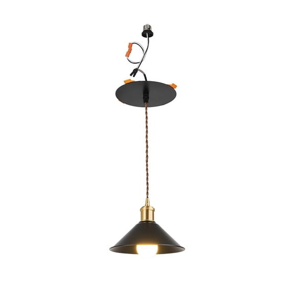 KAYYELAMP 1 Pcs Recessed Retrofit Pendant Conversion Kit E26 Power Connector 3.2 Ft Adjusted Cord Modern Design Black Metal Shade Brass Base Hanging Light for Home Office(No Bulb)