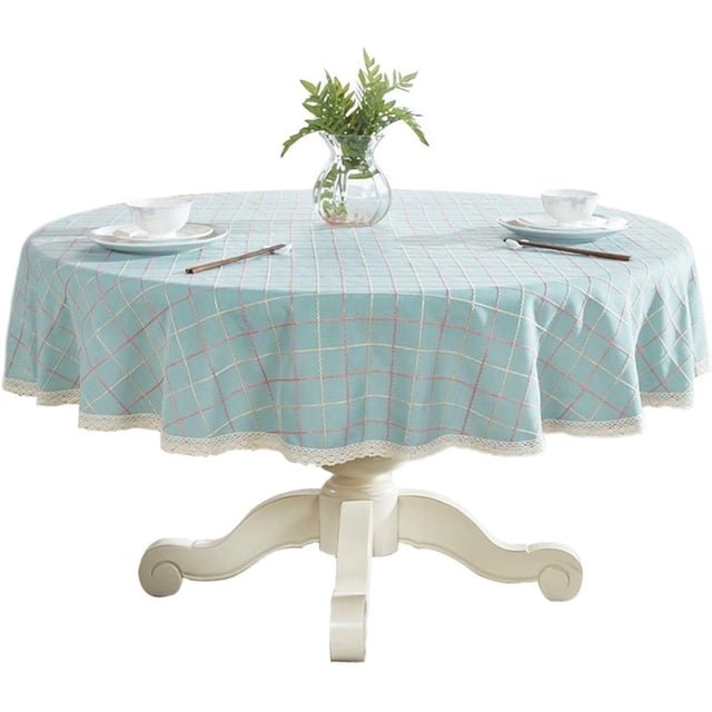 Heavy Weight Cotton Linen Tablecloth Lace Plaid Round Table Cloth for Kitchen Dining Room Tabletop Decoration, 48" - Round, Blue