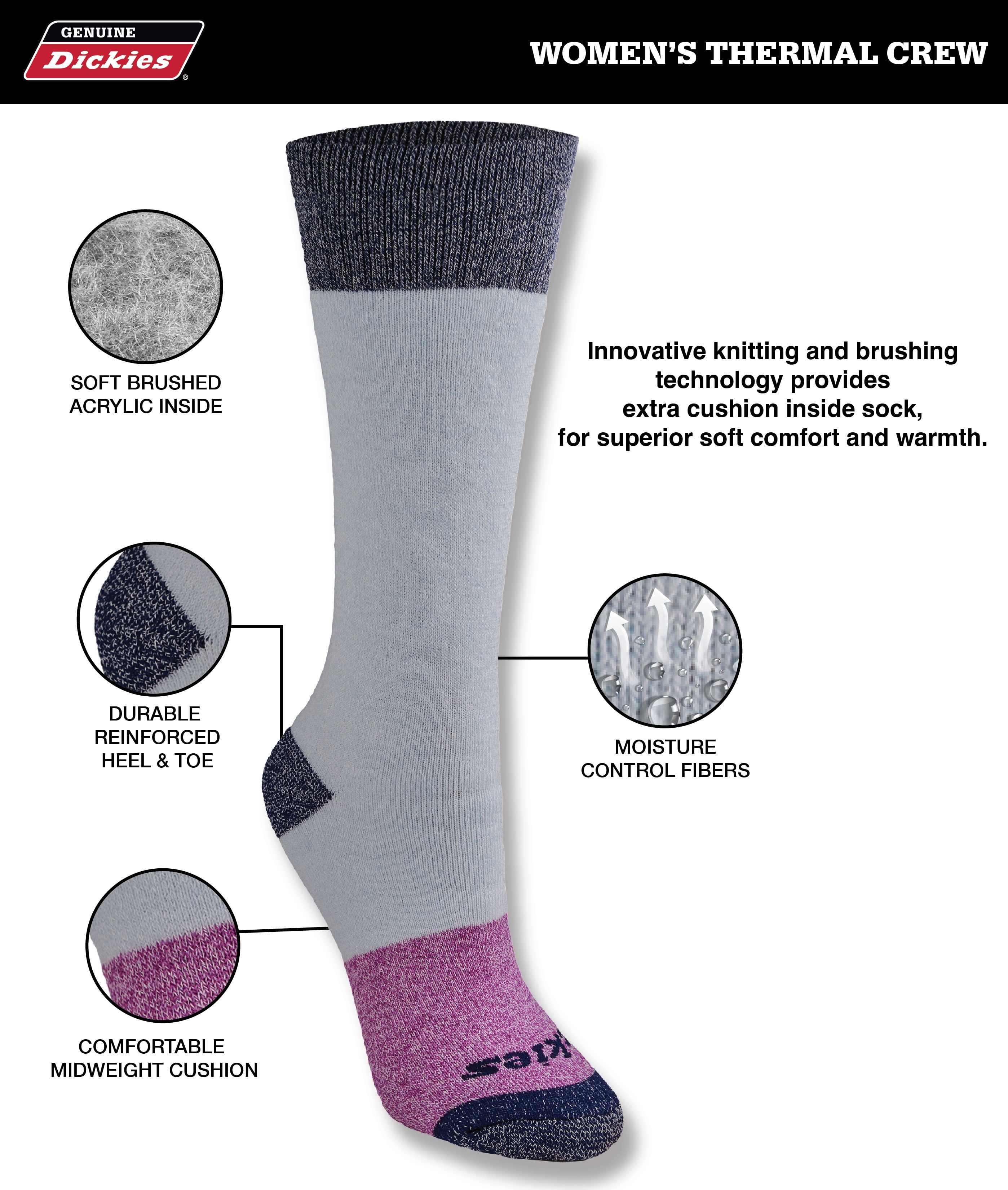 Genuine Dickies Women's Charcoal Fiber Basic Thermal Crew Socks, 2-Pack