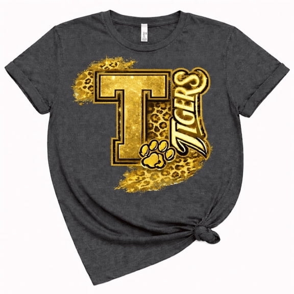 Tigers Graphic T-Shirt with Gold Letter T & Paw Print – Unisex Glitter Style Sports Fan Tee, Casual Crewneck Shirt