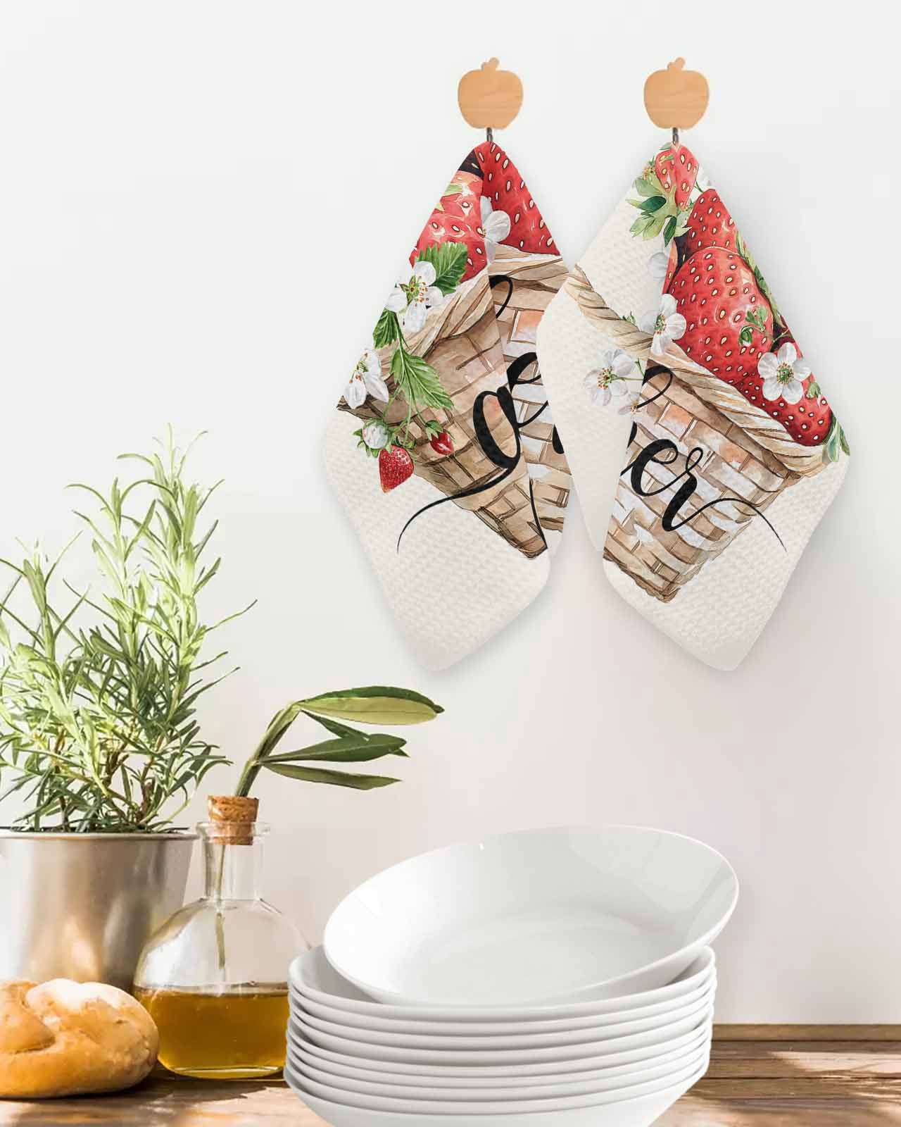 Strawberry Kitchen Dish Towels for Drying Dishes Set of 4, Summer Fruits Basket Botanical Floral Waffle Weave Microfiber Terry Hand Tea Bathroom Towels Quick Dry & Absorbent Towel 12x12