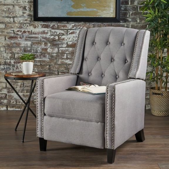 Noble House Madalyne Tufted Fabric Recliner, Gray