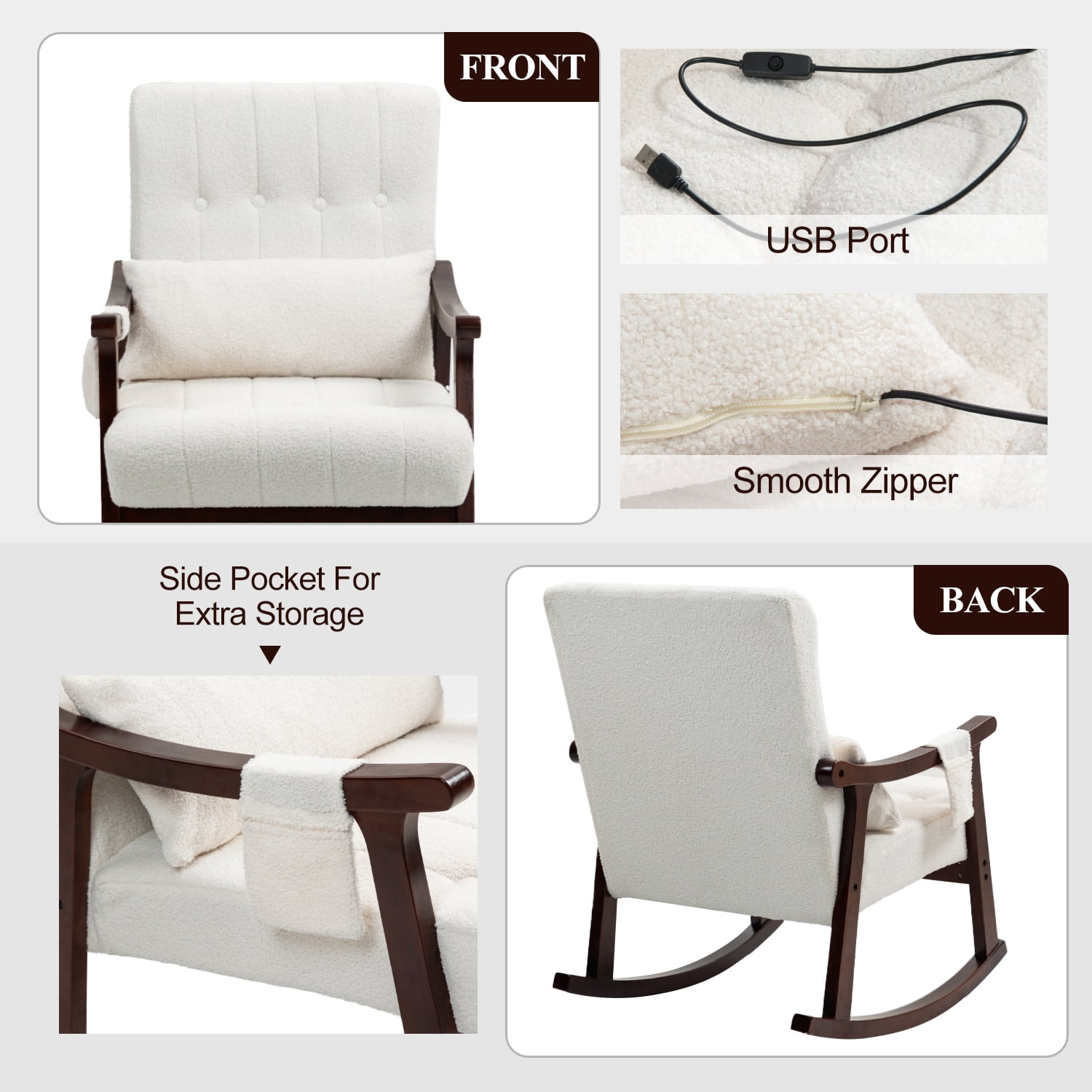 Rocking Chair with Massage Lumbar Support,Upholstered Glider Chair with Side Pocket, Nursery Rocker with High Backrest,Rubber Wood Legs, Rocking Accent Armchair for Living Room Bedroom Nursery