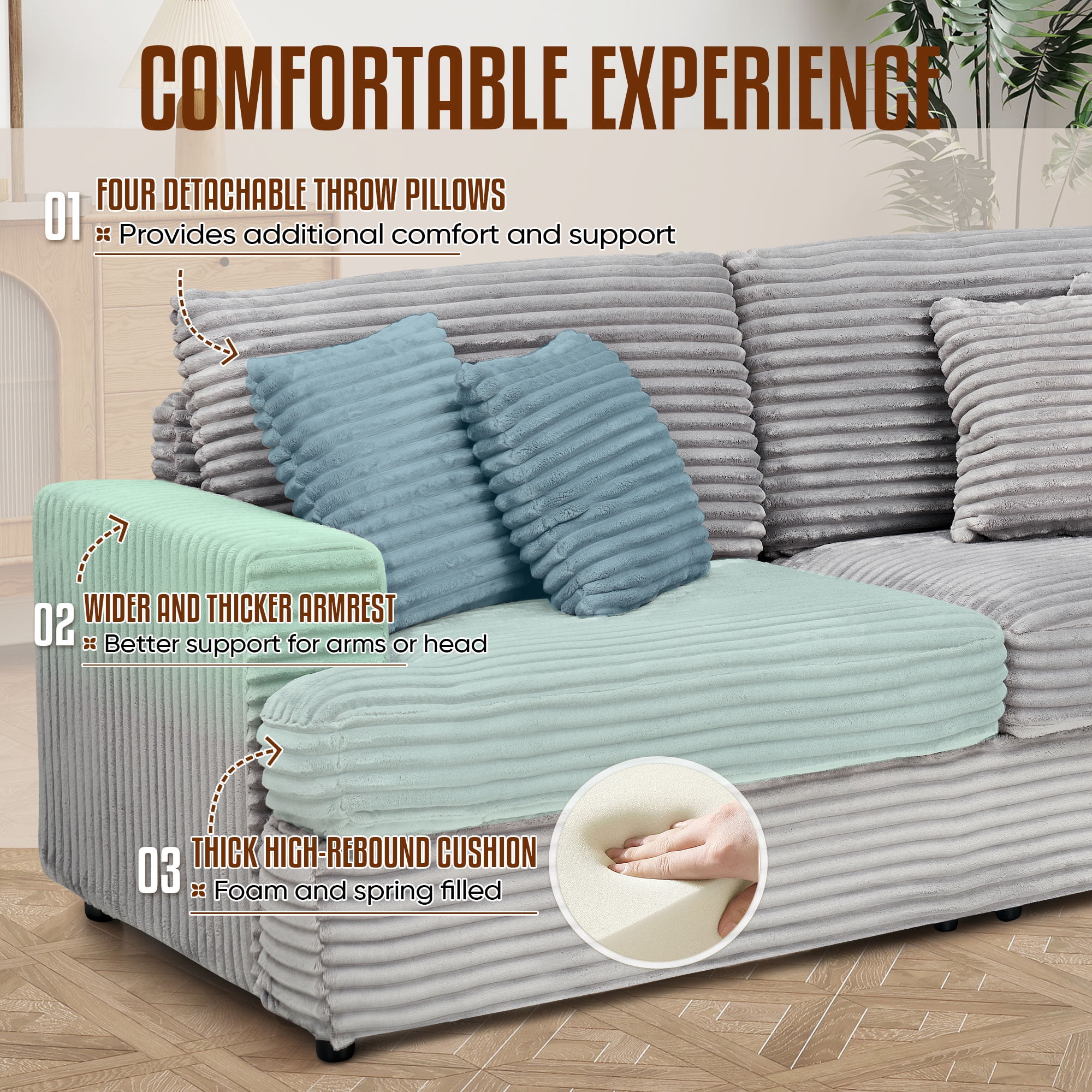 Dinosisco Corduroy Loveseat Sofa, Upholstered 3-Seater Sleeper Couch for Living Room, Gray