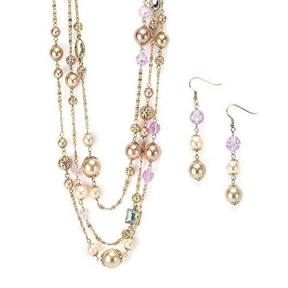 Elegant Victorian Style Pearl and Crystal Jewelry Set with Long Layered Necklace and Drop Earrings Necklace Gold