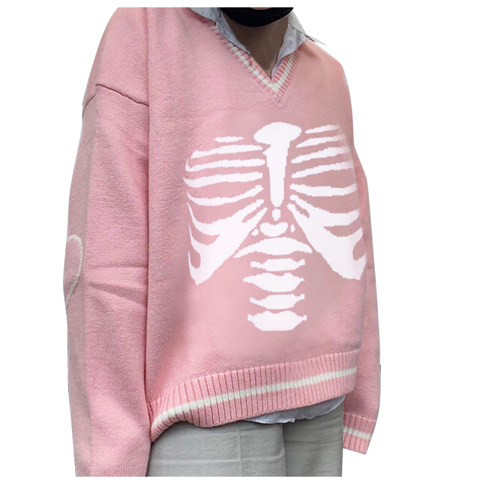 HGWXX7 Sweater For Womens V-Neck Skeleton Printed Loose Long Sleeve Knitted Sweater  Pink One Size - Walmart.com