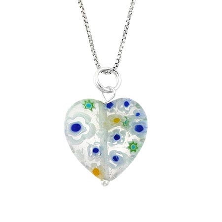 Murano Millefiori Flower Ring - Summer Murano Glass Sterling Silver Bead Spring Green Millefiori Flower Heart Pendant