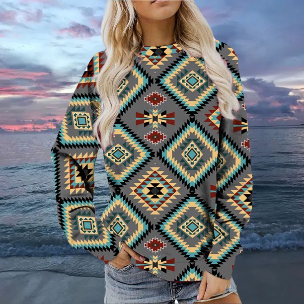 Pntutb Mujeres Otoño e Invierno Casual Folk-Personalizado Impreso Cuello Redondo Manga Larga Jersey Blusa Sudadera tops Pntutb Pntutb-992