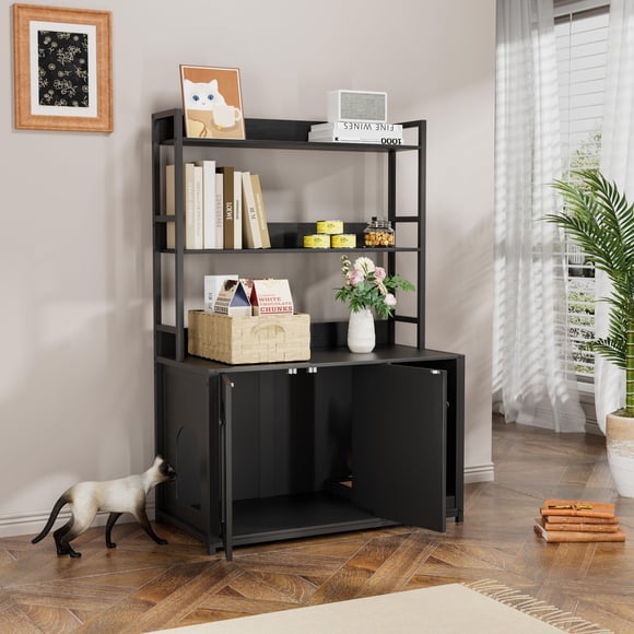 Mueble oculto para caja de arena de gato - 2 estantes de almacenamiento - armario de madera con puertas - incluye rascador - estilo elegante para interior - color negro