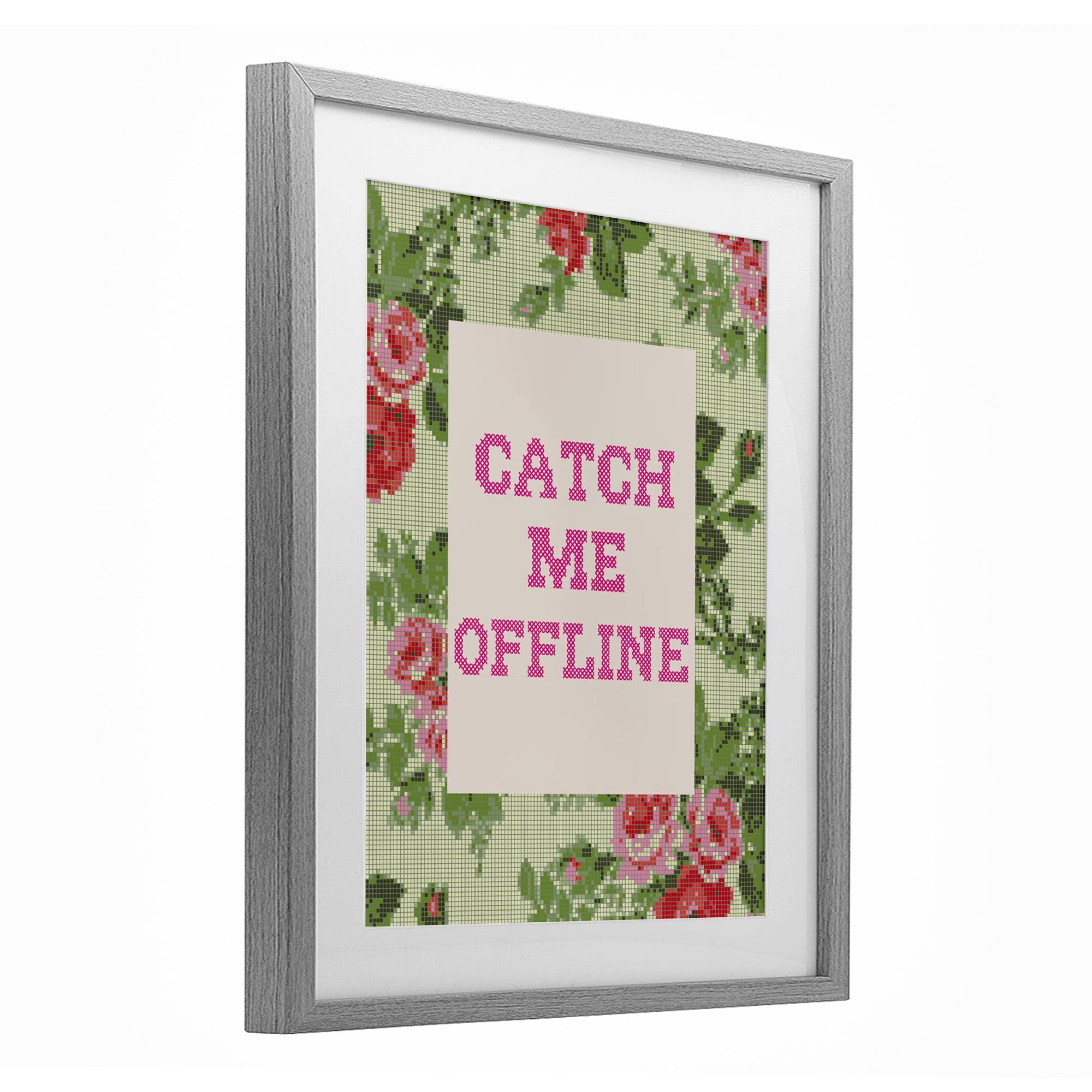 Stupell Industries Catch Me Offline Faux Cross Stitch Gray Framed Print Under Glass, design by Lil' Rue