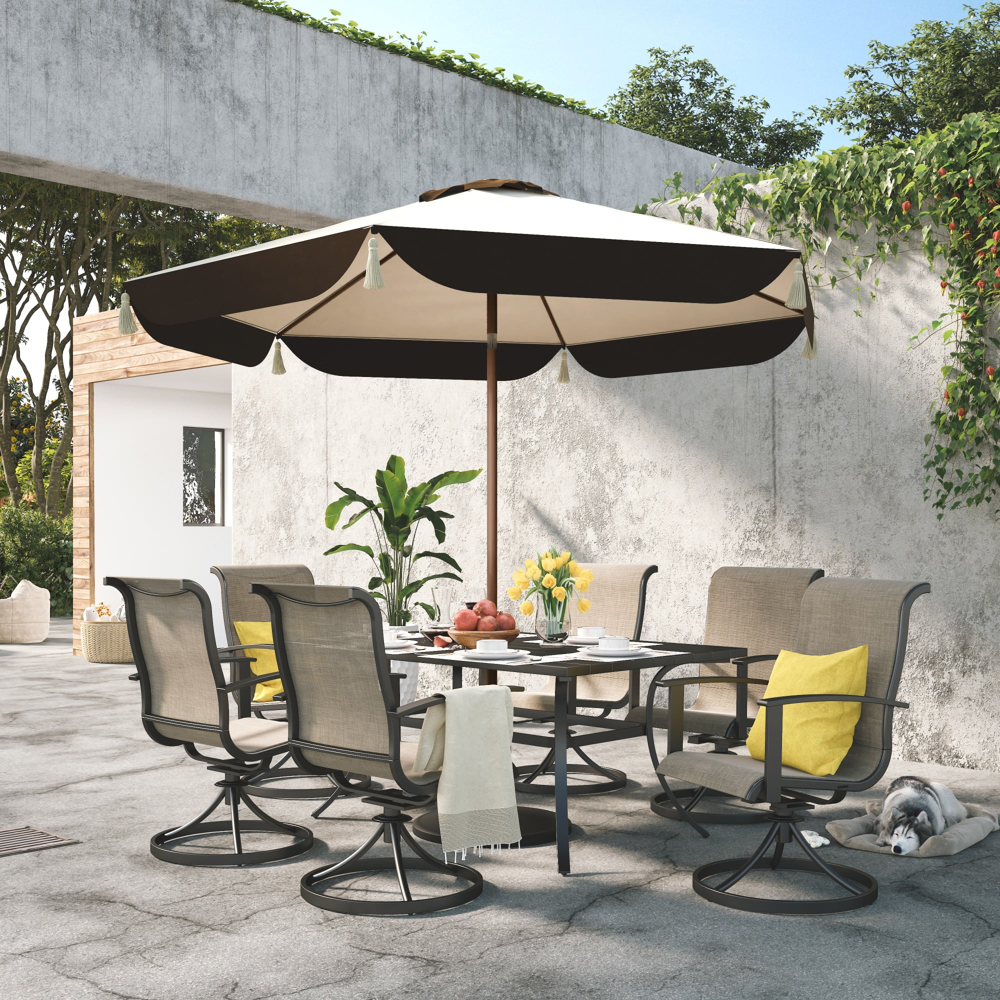 GRANDPATIO Ourdoor 9 ft Patio Umbrella with Fringe Tessels Market Umbrella & Push Button Tilt & Crank