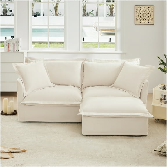 JERFIT Modern L-Shaped Chenille Sofa with Ottoman, Convertible Sectional Couch, Deep Seating, Removable Washable Cover, Cream