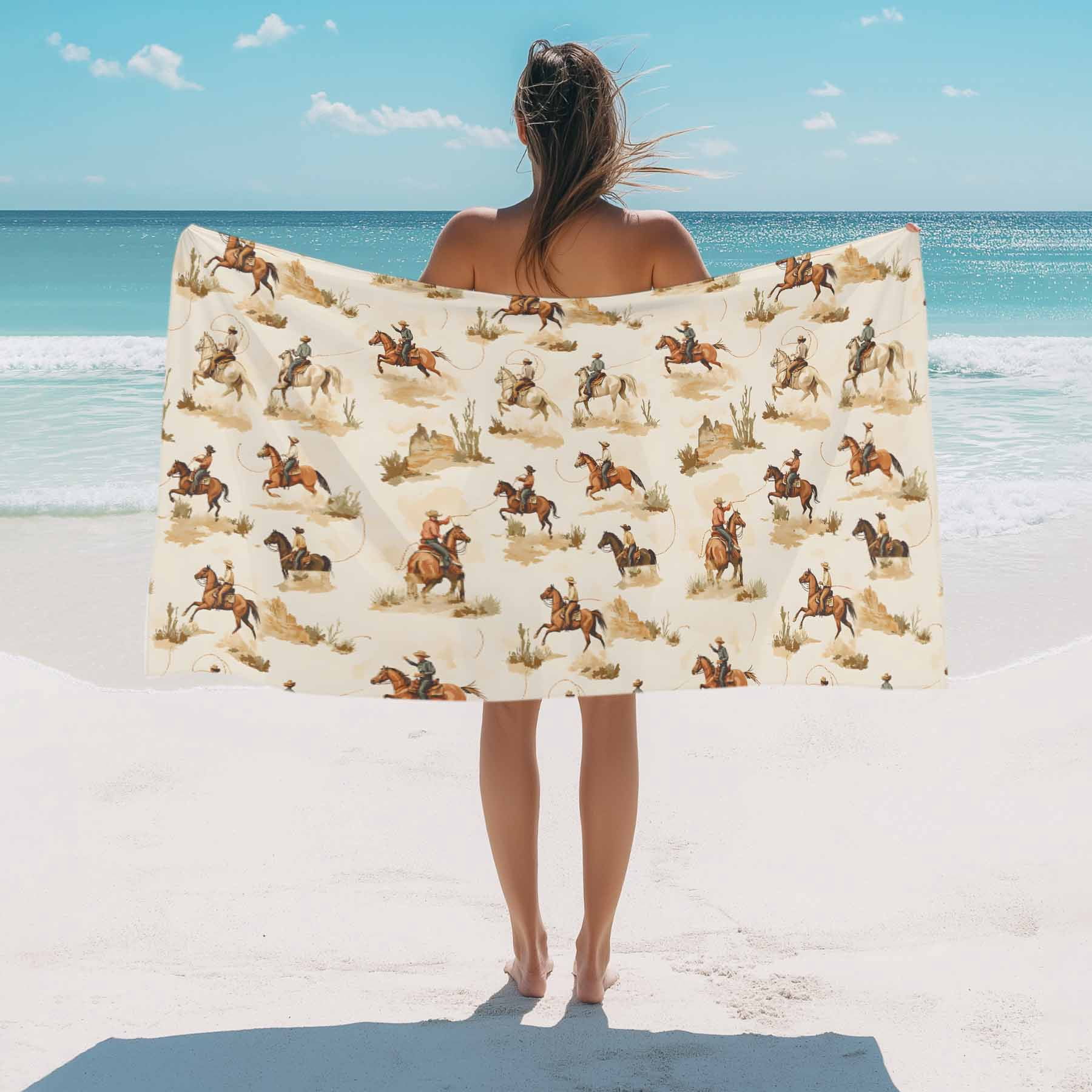 Farmhouse Western Beach Towels Blanket Soft&Absorbent Quick Dry Microfiber Cowboy Desert Horse Print Pool Towels for Swimming ,Yoga, Sports, Gym, Camping,Large 35X70in, Brown Beige
