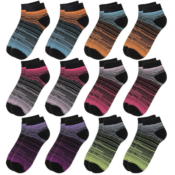 12 Pairs Assorted Colors Striped Women's Ankle Socks Size 9-11