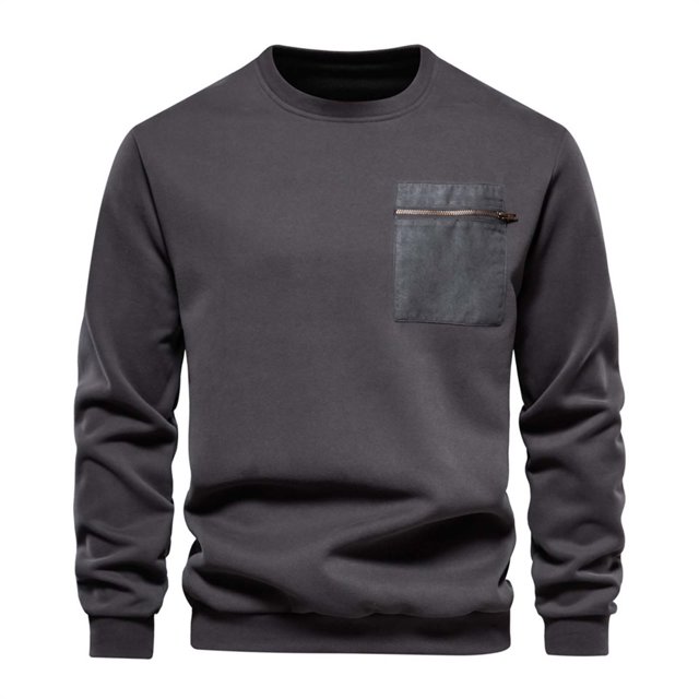 FAIWAD Men's Round Neck Sweatshirts Long Sleeve Soild Color Casual Pullover Tops with Chest Pockets