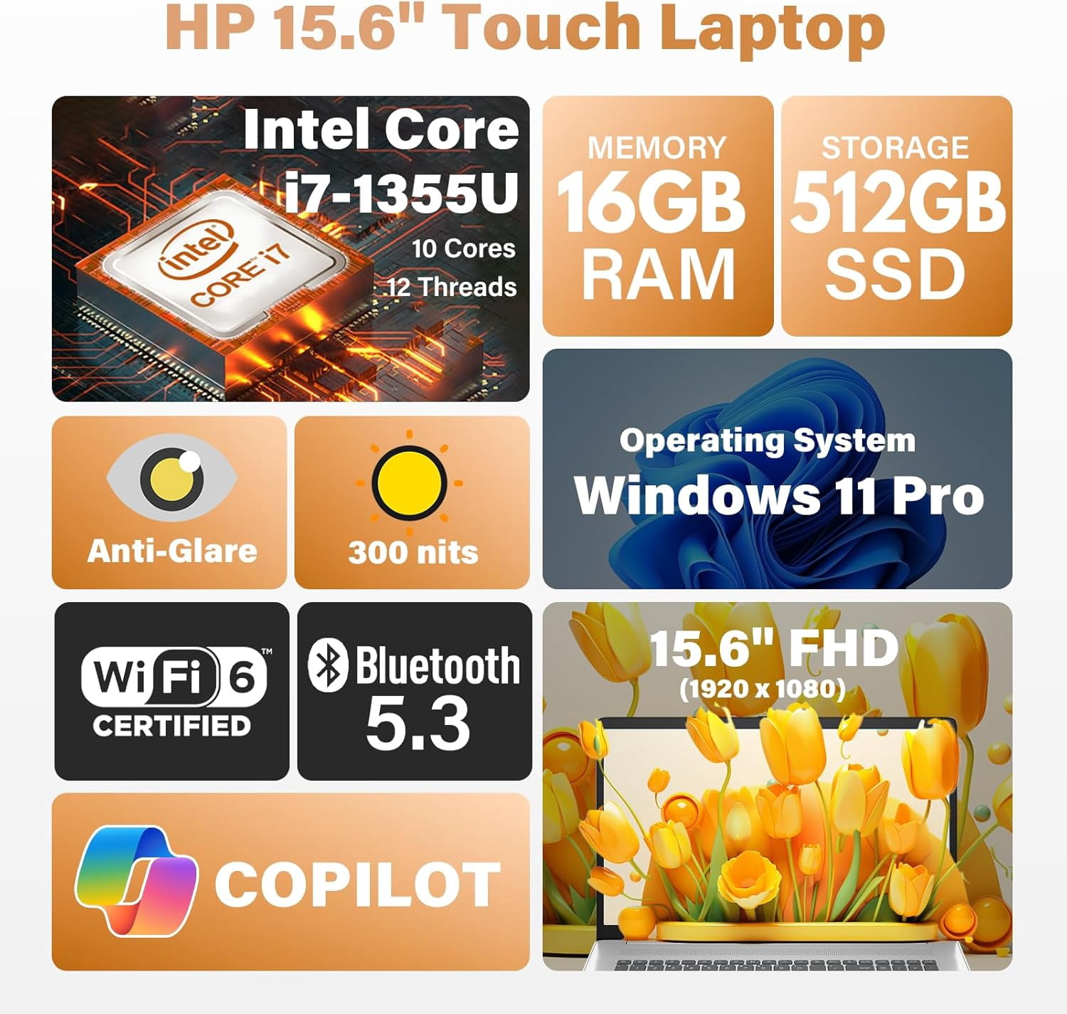 HP 15.6" FHD Display Touchscreen Laptop Computer, Intel i7 1355U, Intel Iris Xe Graphics, Windows 11 Pro, Wi-Fi6, Bluetooth, Accessoires (16GB RAM + 1TB SSD)