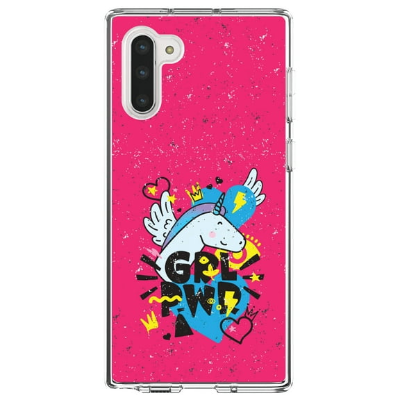 DistinctInk Clear Shockproof Hybrid Case for Samsung Galaxy Note 10 (6.3" Screen) - TPU Bumper, Acrylic Back, Tempered Glass Screen Protector - Girl Power - GRL PWR - Unicorn Hearts Graffiti