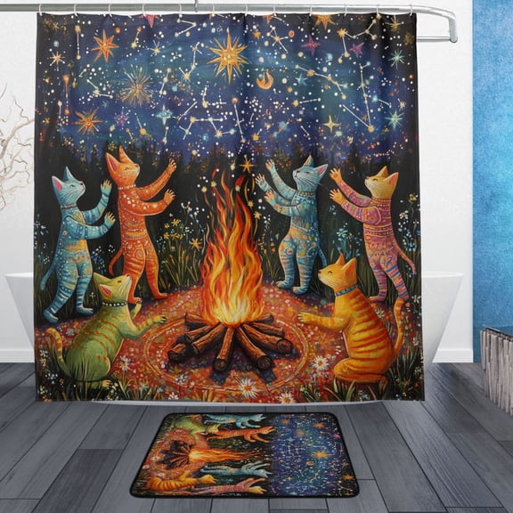 BZSMCE Shower Curtain and Bath Accessory Set,Cats under The Starlit Sky Pattern