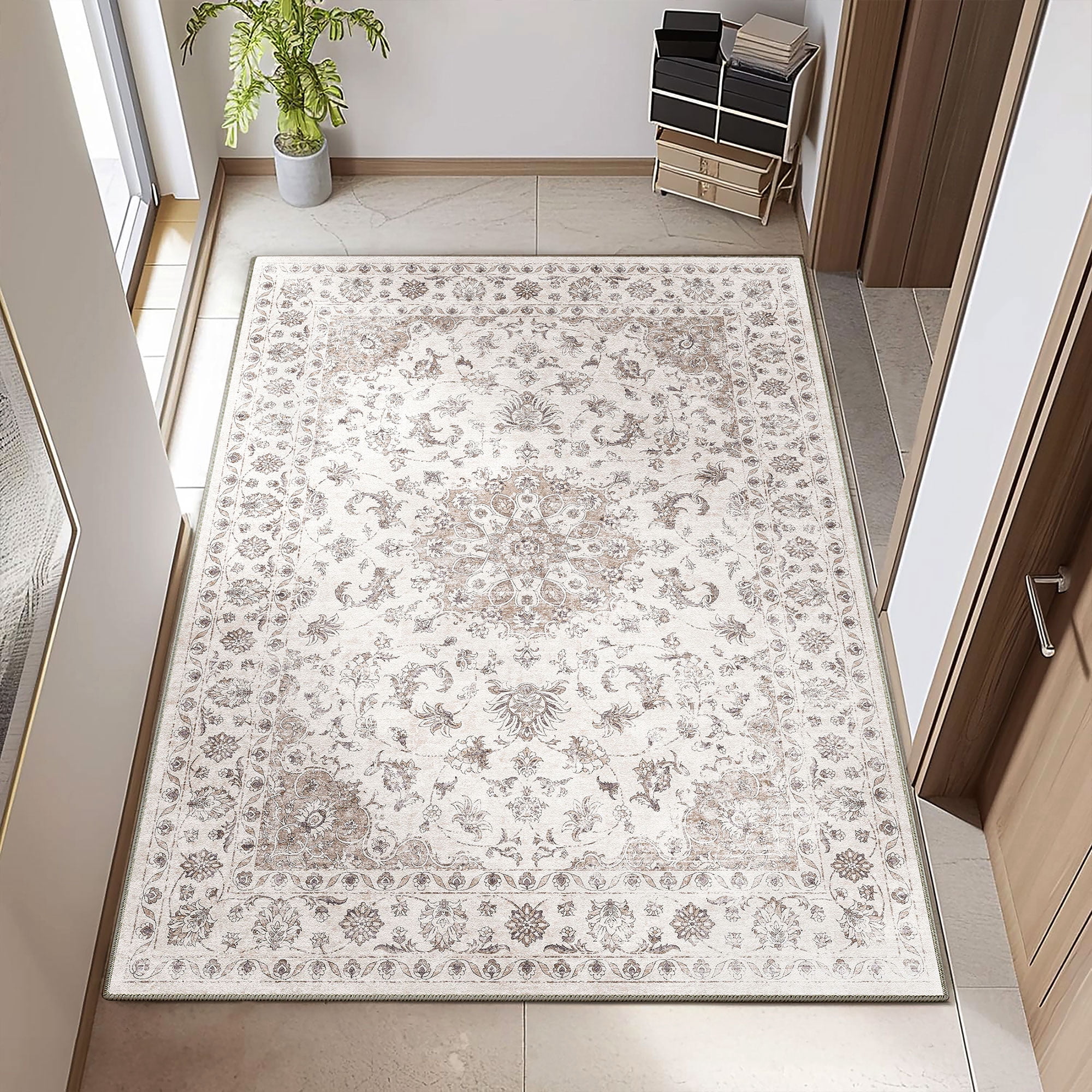 BERTHMEER 3'x5' Small Washable Brown Vintage Area Rugs for Bathroom Bedroom Entryway Kitchen Rugs Non Slip Vintage Traditional Dorm Office Oriental Medallion Rugs Carpets