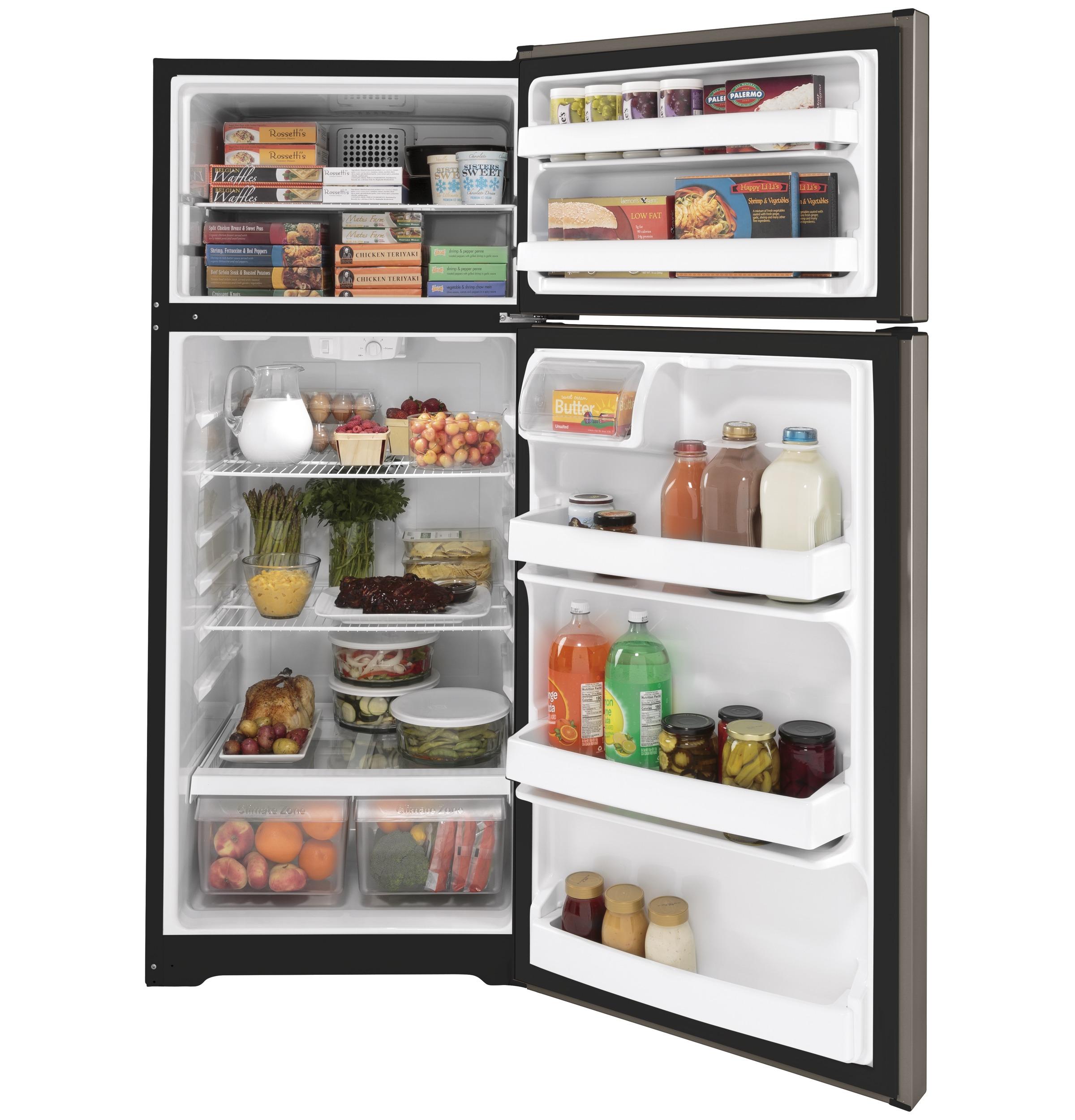 GE Appliances Energy Star 17.5 cu. ft. Top-Freezer Refrigerator model GTE18DCNRSA in Silver.
