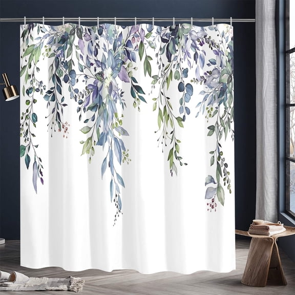Extra Long Blue Eucalyptus Leaves Shower Curtain, Watercolor Plant Floral Bathroom Shower Curtain, Fabric Waterproof Botanical Shower Curtain with 12 Hooks, 72 x 84 Inch
