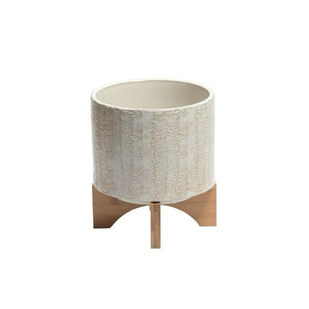 Large White Planters Benzara BM188191 Intricately Designed Round Ceramic Planter with Wooden Stand - White & Brown - Large - 8 x 8 x 10.5 in. ()