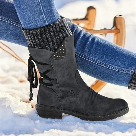 

Bxzhiri Women s Winter Boots Casual Flat Bottomed Snow Boots Leather Bandage Boots