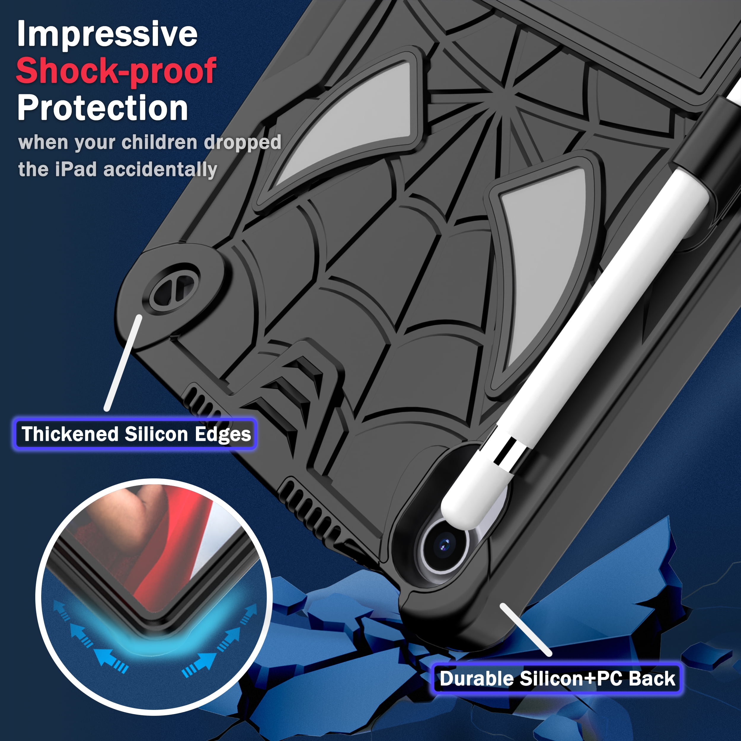 TECH CIRCLE for iPad Mini 8.3" (A17 Pro), iPad Mini 6 (8.3") 3-Layer Rugged Shockproof Case with Shoulder Strap, Built-in Kickstand, Pencil Holder, Cute Spider Heavy Duty Tablet Cover, Black