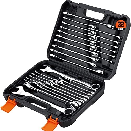 32-Piece Combination Wrench Set, SAE and Metric, 1/4"-1" & 7mm-22mm, 12 Point, Chrome Vanadium Steel Construction with Case$$Tools & Hardware Other