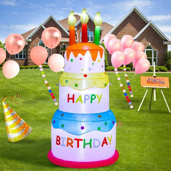 InfleeJoiy 6Ft Cake Inflatable with Led Lights, Birthday Inflatable Decoration
