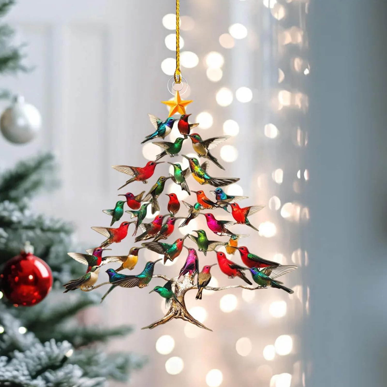 Adornos Navideños De Colibrí - Set De 6 Piezas Pintadas A Mano, Con Cintas Rojas, Decoración árbol De Vacaciones
