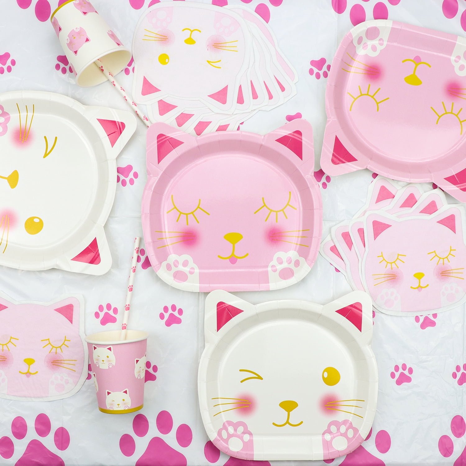 218 PCS Cat Birthday Party Supplies - Cat Balloons, Birthday Banner, MEOW Garland, DIY Hanging Sign, Cake Topper, Plates, Napkins, Cups and Tablecloth for Cat Birthday Decorations, Serve 20 Guests