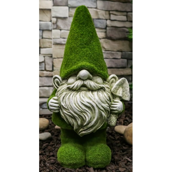Large Whimsical Green Thumb Gnome With Shovel Garden Statue In Artificial Moss