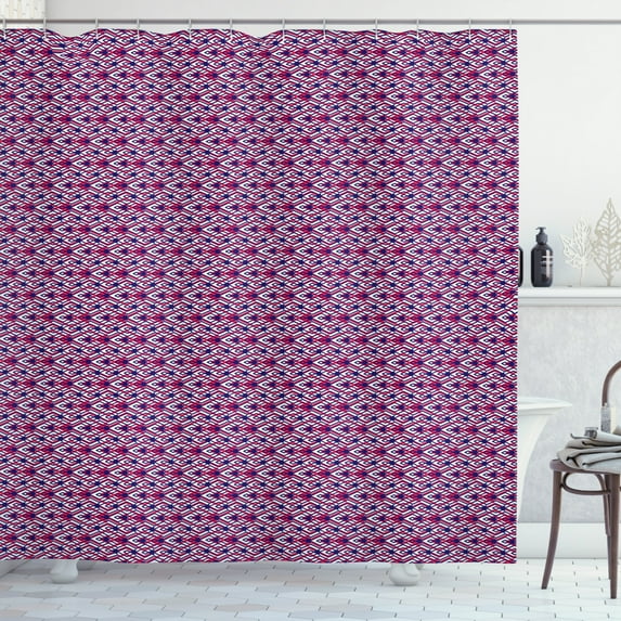 Stripes Shower Curtain, Triangles Rhombuses and Lines Abstract Geometric Illustration, Fabric Bathroom Set with Hooks, 69W X 75L Inches Long, Violet Blue Dark Coral White, by Ambesonne