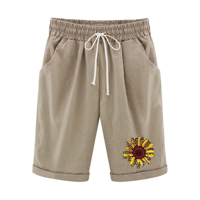 Top and Shorts Sets for Women, Womens Elastic Waist Sunflower Printing Drawstring Shorts