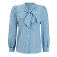 thumbnail image 5 of Xunmmm Women's Long Sleeve Plaid Blouse with Bow Loose Top Cute Casual Shirt Spring Outfit Fall Blue, 5 of 7